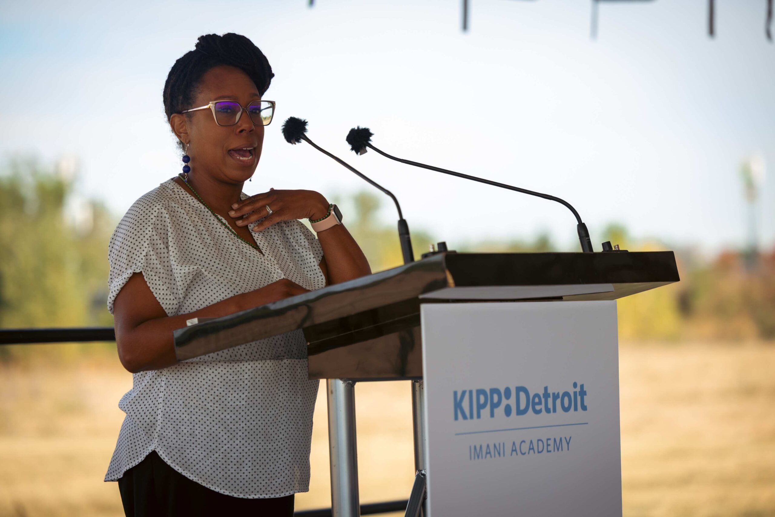 Lanay Gilbert-Williams speaks at the KIPP Detroit Imani Academy groundbreaking in Gardenview highlighting the new K–12 campus.