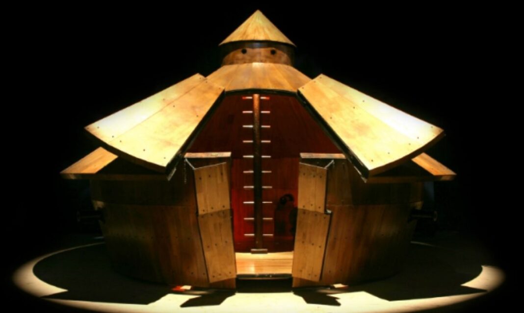 Armored tank replica from Leonardo da Vinci exhibit at Michigan Science Center where families can explore full-scale Renaissance machines