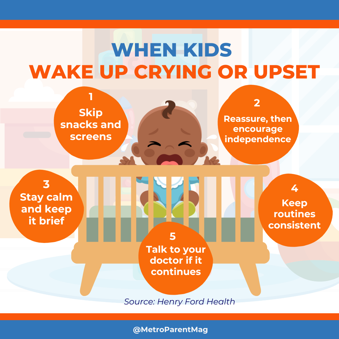 Infographic showing five tips from Henry Ford Health for parents to help kids who wake up crying or upset at night.
