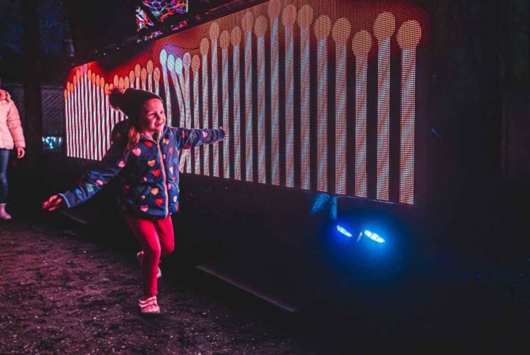 Child interacts with glowing light display at Aurora Winter Wizards at Glenlore Trails in Commerce Township during the immersive night walk.