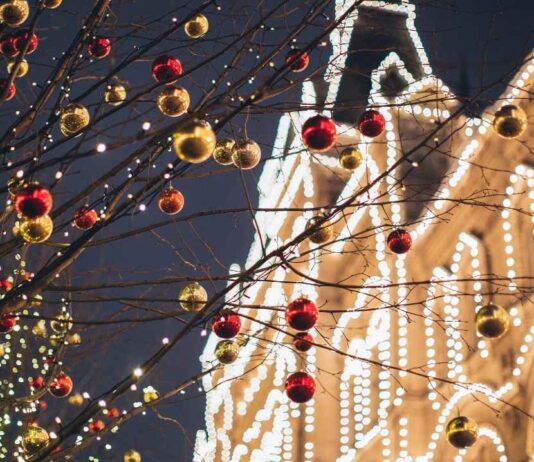 Lagniappe and The Big Bright Light Show in Rochester Christmas ornaments on a tree with holiday lights glowing on downtown Rochester buildings during the Big Bright Light Show.