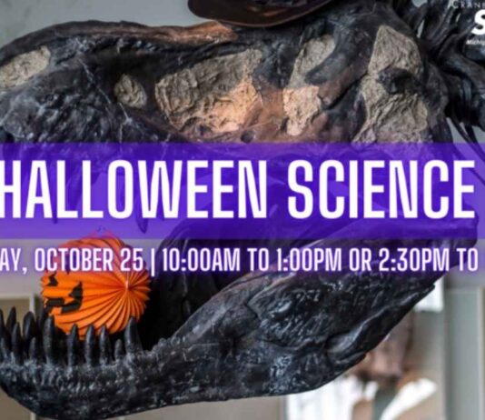 Halloween Science event at Cranbrook features giant dinosaur skeleton with pumpkin decor for kids and families on October 25