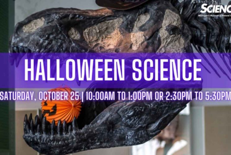 Halloween Science event at Cranbrook features giant dinosaur skeleton with pumpkin decor for kids and families on October 25