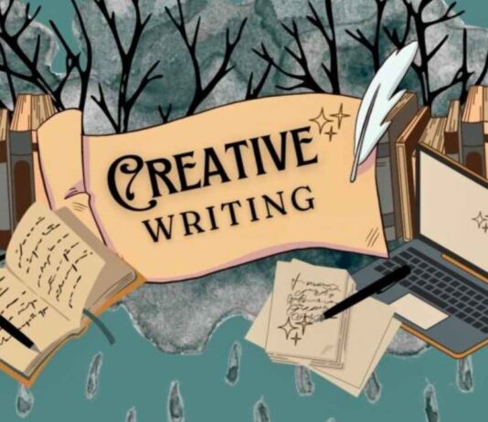 Creative writing workshop banner with books, laptop, coffee, pen and paper for Clawson kids event ages 9-16 focusing on stories