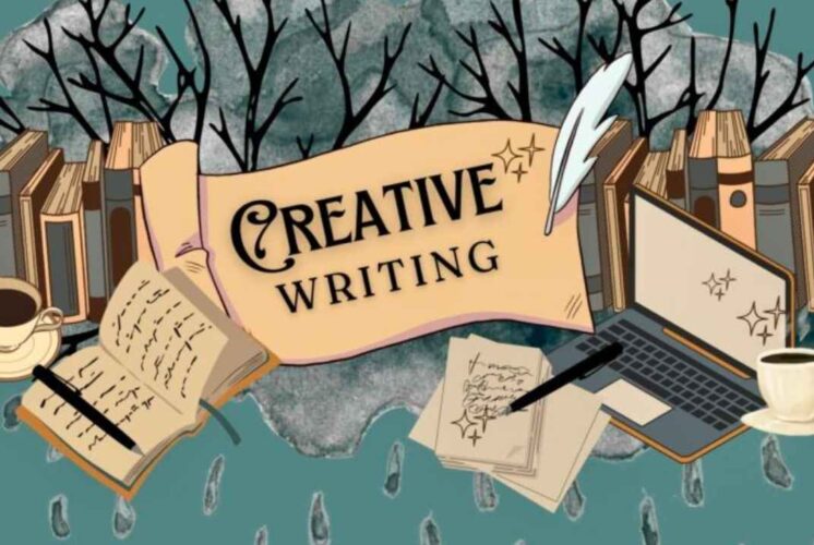 Creative writing workshop banner with books, laptop, coffee, pen and paper for Clawson kids event ages 9-16 focusing on stories