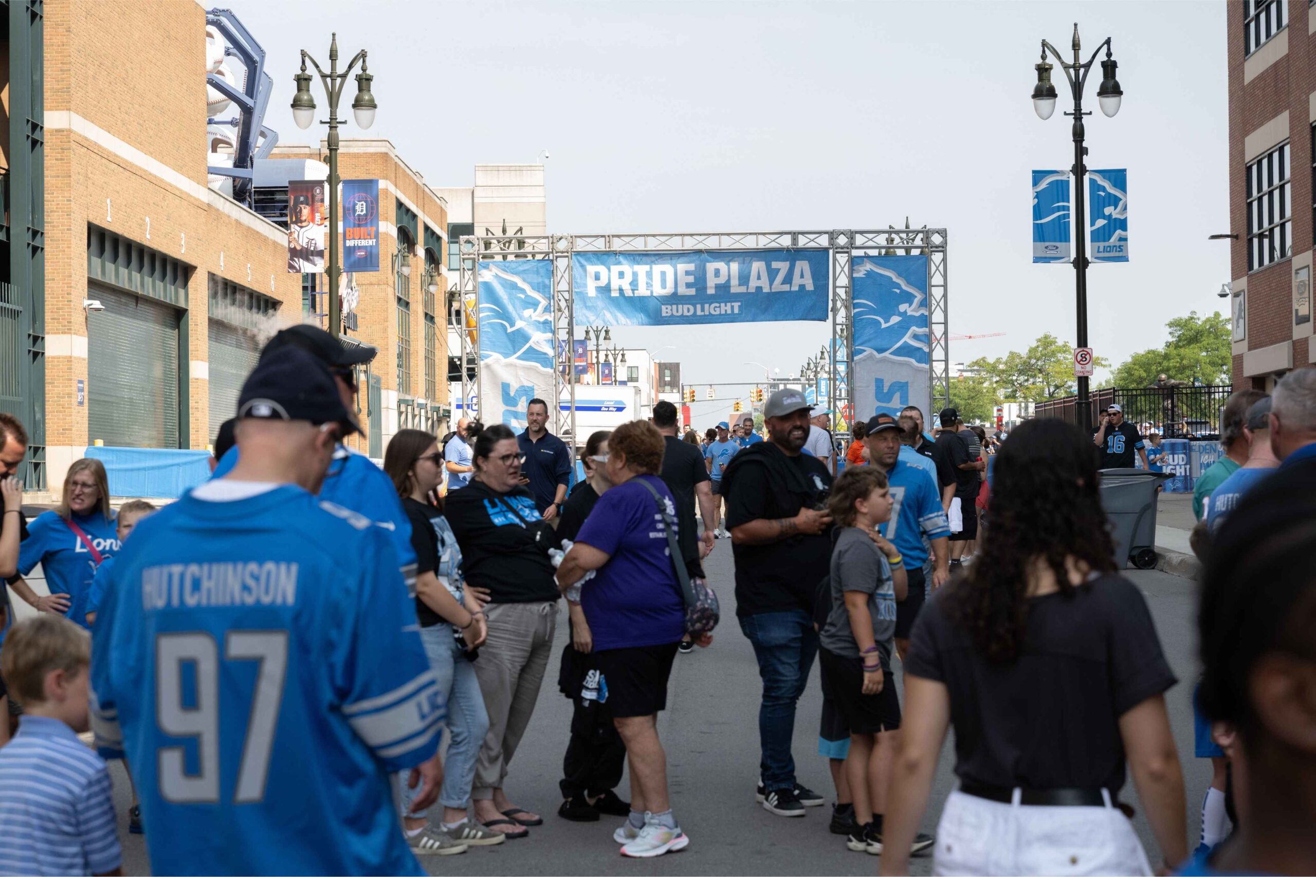 Detroit Lions fans gather at Pride Plaza outside Ford Field for family-friendly tailgating, games and pregame festivities in downtown Detroit.