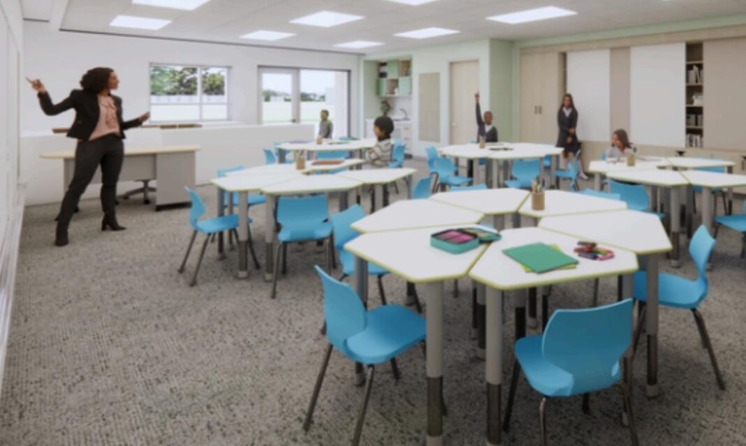 Rendering shows a redesigned Graebner Elementary classroom in Utica with modern furniture and flexible learning spaces.