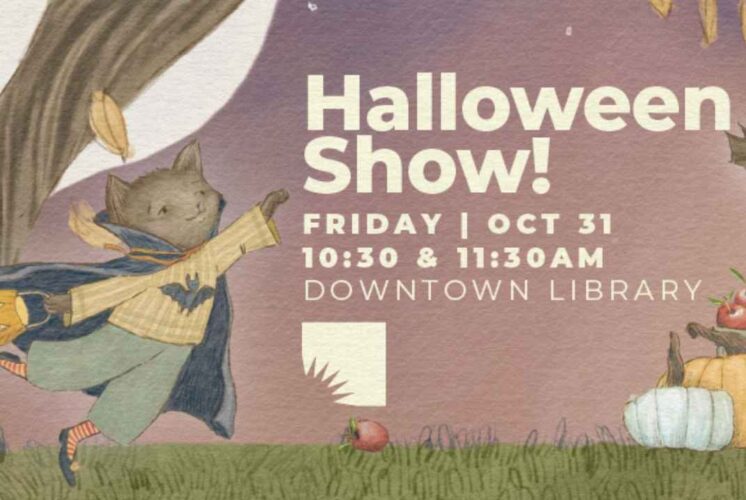 Illustration of a cat in a cape carrying a pumpkin for the Halloween Show at the Downtown Ann Arbor District Library.