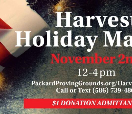Harvest Holiday Market event poster with date, time, and contact info for Packard Proving Grounds in Shelby Township, Michigan.