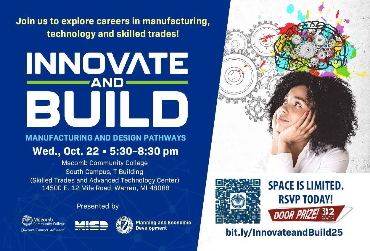 Woman thinking with colorful gears above her head promoting Innovate and Build manufacturing and design pathways event at Macomb Community College on Oct. 22, 2025.
