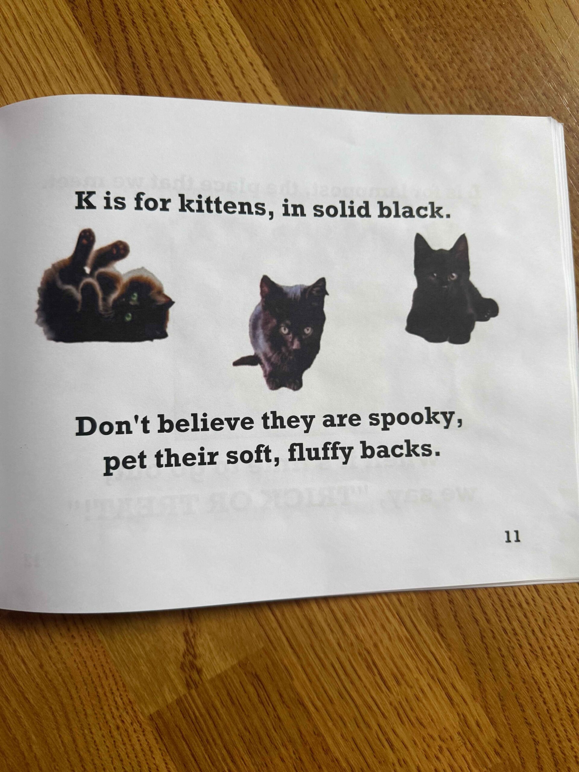 Page from Julie Stitt’s Alphabet Rhymes for Halloween Times showing black kittens with rhymes teaching kids about kindness and curiosity.