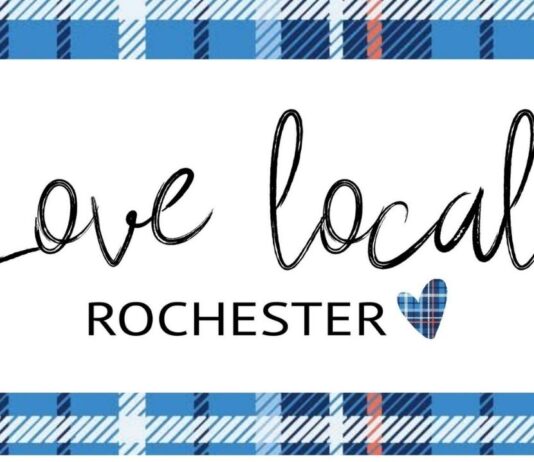 Plaid Friday in Downtown Rochester Love local Rochester logo with blue plaid border promoting Plaid Friday and Small Business Saturday in Downtown Rochester.