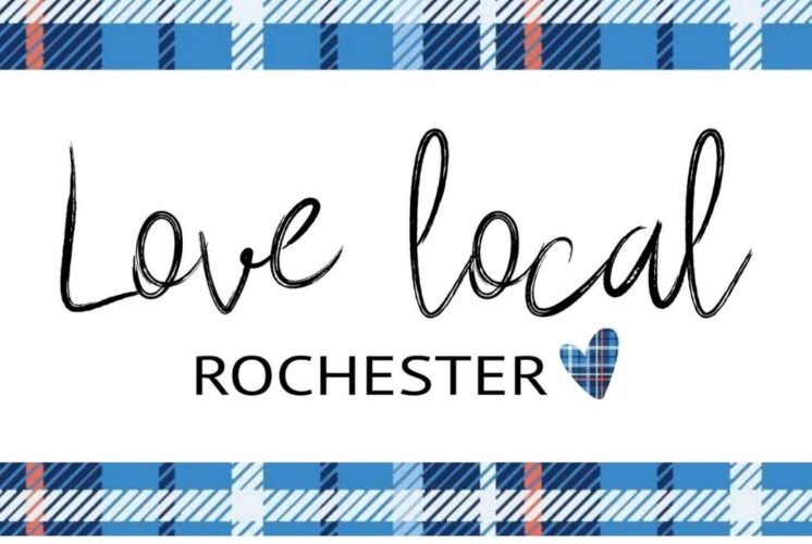 Love local Rochester logo with blue plaid border promoting Plaid Friday and Small Business Saturday in Downtown Rochester.