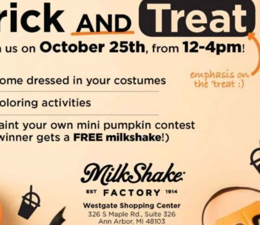 Trick AND Treat at MilkShake Factory Ann Arbor MilkShake Factory Halloween event flyer in Ann Arbor promotes kids trick and treat activities pumpkin contest and free milkshakes