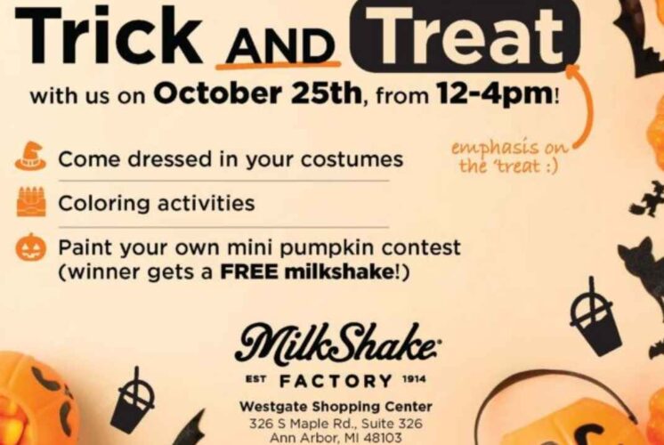 MilkShake Factory Halloween event flyer in Ann Arbor promotes kids trick and treat activities pumpkin contest and free milkshakes