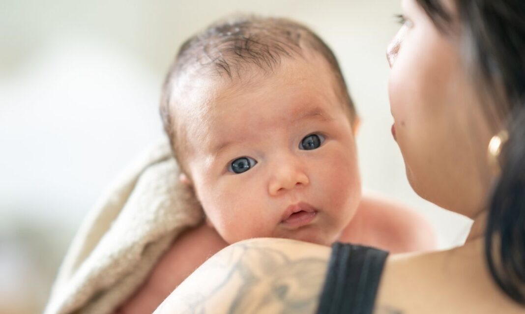 A newborn baby rests on their mother’s shoulder, wrapped in a towel—symbolizing the need for postpartum support and connection.