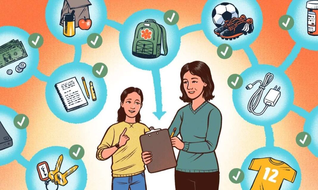 Illustration showing a parent and child with a checklist and daily items like a backpack, lunch, and soccer gear to support family routines for parents with ADHD.