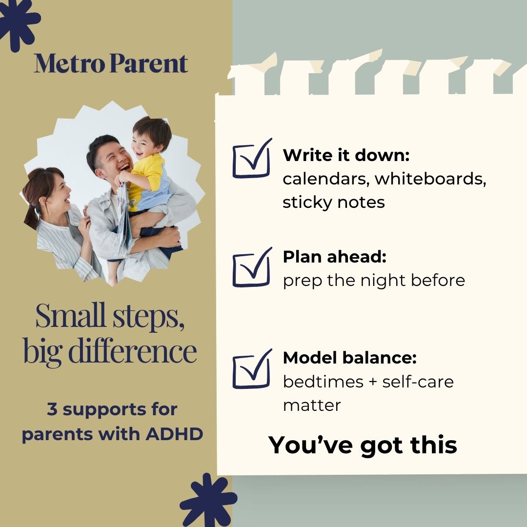 Metro Parent graphic with tips for parenting with ADHD, including writing things down, planning ahead, and modeling balance for self-care and routines.