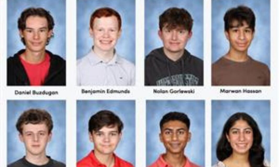 Student portraits from a school district website highlighting merit recognition updates for a school board story.