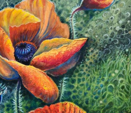 Colorful abstract floral painting by Kseniya Hauptmann featured in Whispers of the Inner World art exhibit at Village Arts Factory in Canton.