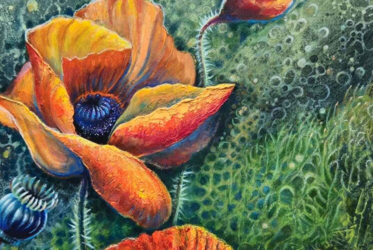 Colorful abstract floral painting by Kseniya Hauptmann featured in Whispers of the Inner World art exhibit at Village Arts Factory in Canton.