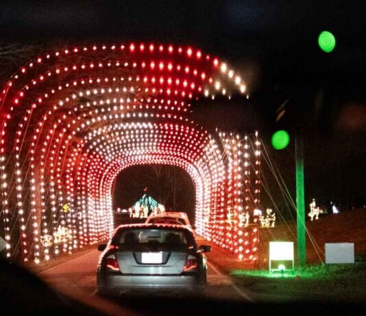 Cars drive through a tunnel of red and white lights at the Ann Arbor Baptist Church Drive-Thru Christmas Lights event for families.