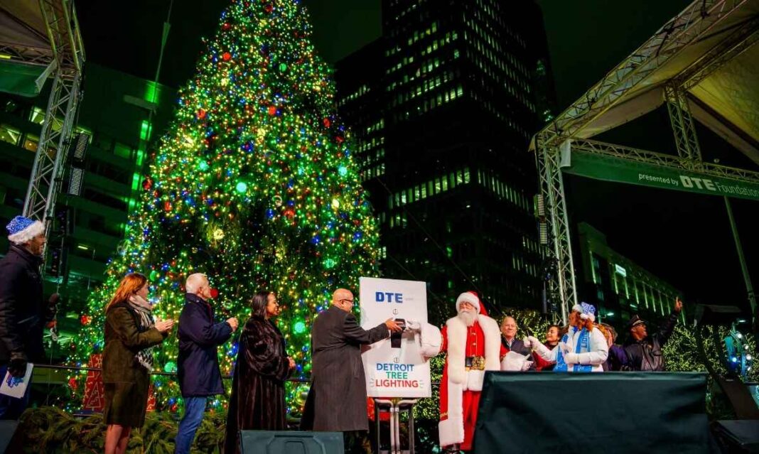 Santa and city officials light the Detroit Christmas tree at Campus Martius Park during the Downtown Detroit Tree Lighting celebration.