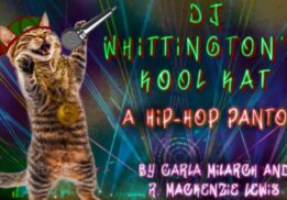 Promotional art for DJ Whittington’s Kool Kat panto featuring a hip hop cat and neon graphics for the Theatre NOVA holiday show