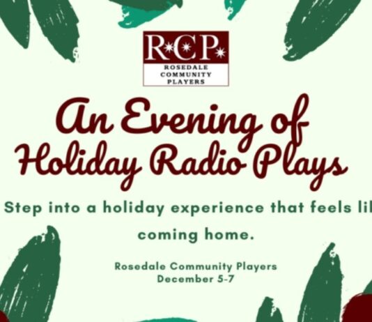 An Evening of Radio Plays at Rosedale Community Players Promotional graphic for An Evening of Radio Plays at Rosedale Community Players showing festive holiday artwork and event dates
