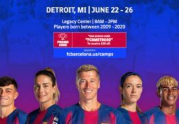 FC Barcelona Soccer Camp Legacy Center Detroit promo featuring players in team jerseys with camp dates times and discount code information