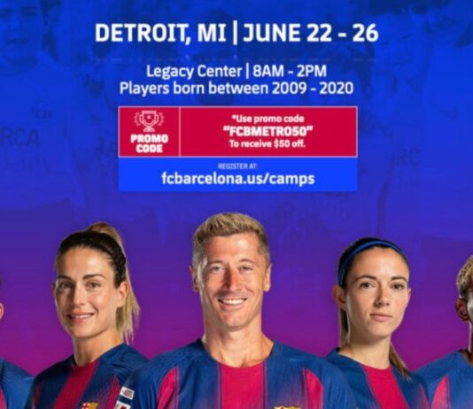FC Barcelona Soccer Camp Legacy Center Detroit promo featuring players in team jerseys with camp dates times and discount code information