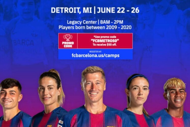 FC Barcelona Soccer Camp Legacy Center Detroit promo featuring players in team jerseys with camp dates times and discount code information