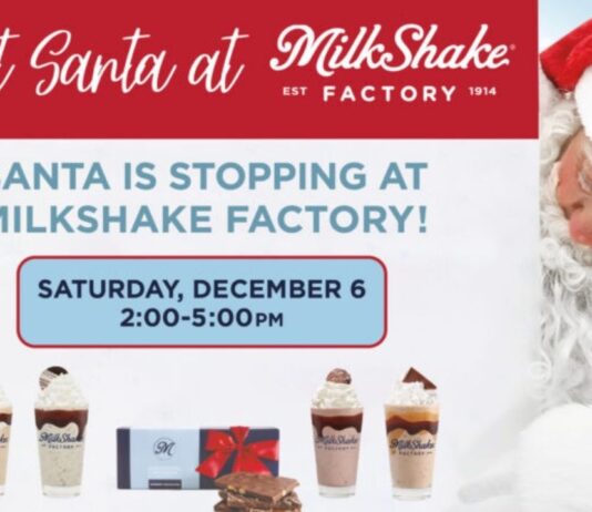Promotional image for Meet Santa MilkShake Factory Ann Arbor showing Santa and milkshakes for a festive family event