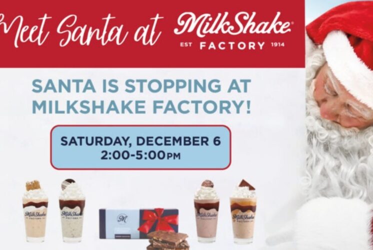 Promotional image for Meet Santa MilkShake Factory Ann Arbor showing Santa and milkshakes for a festive family event