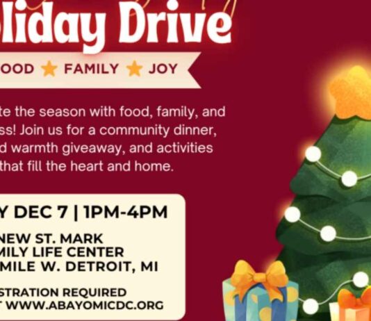 Promotional flyer for Self Care Sunday holiday drive showing gifts a tree and event details for a free community family event