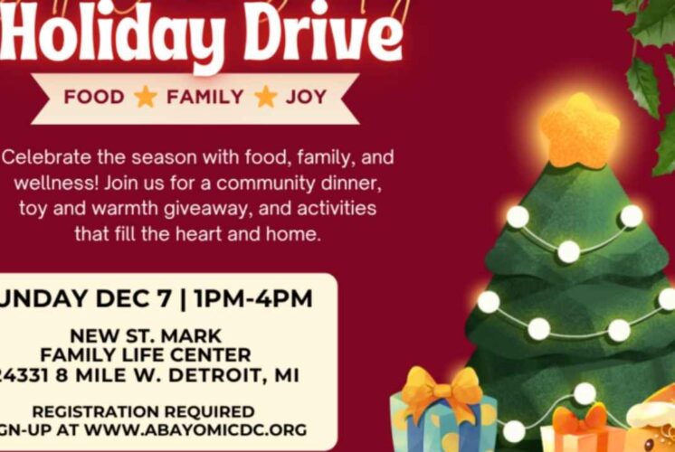 Promotional flyer for Self Care Sunday holiday drive showing gifts a tree and event details for a free community family event