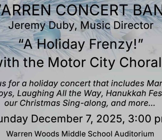 Promotional image for A Holiday Frenzy concert with the Warren Concert Band and Motor City Chorale at Warren Woods Middle School.