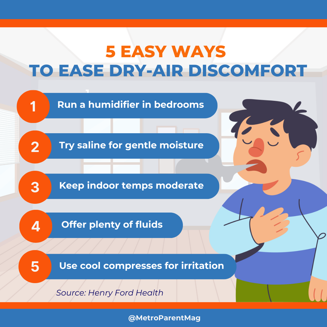Graphic showing five easy ways to ease dry air discomfort for kids with winter nosebleeds including humidifiers saline and cool compresses
