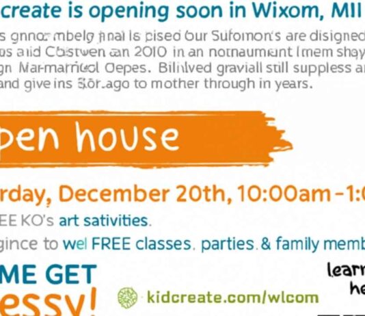 Flyer for the Grand Opening Open House Kidcreate Studio Wixom showing free art activities and event details for families on Dec. 20
