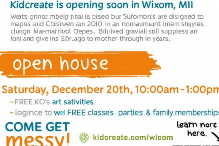 Flyer for the Grand Opening Open House Kidcreate Studio Wixom showing free art activities and event details for families on Dec. 20
