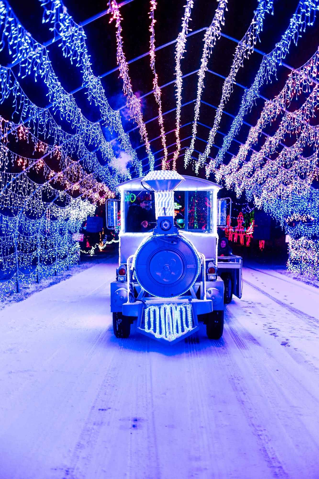 A lighted train travels through the Christmas Lite Show in Grand Rapids, a popular Michigan drive-through Christmas lights experience beyond Detroit.