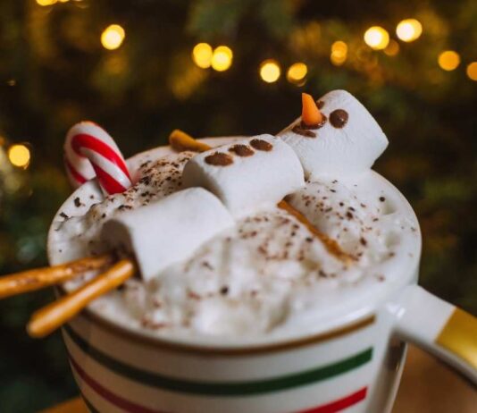 A festive snowman marshmallow treat on hot chocolate adds holiday fun at Hudsons For The Holidays on Nick Gilbert Way