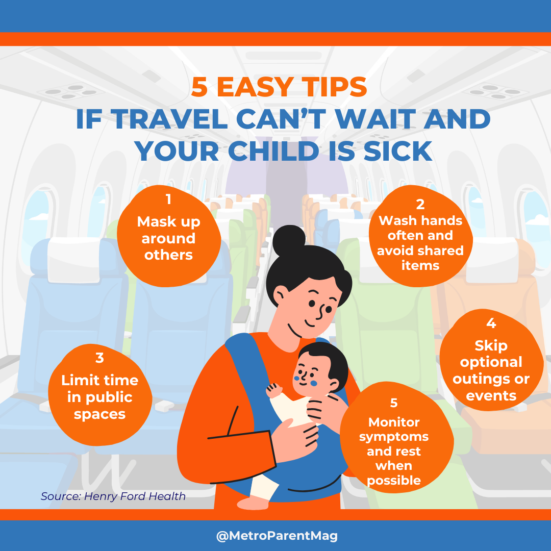 Graphic showing five kids holiday travel health tips for families when a child is sick including masking handwashing limiting public spaces and resting