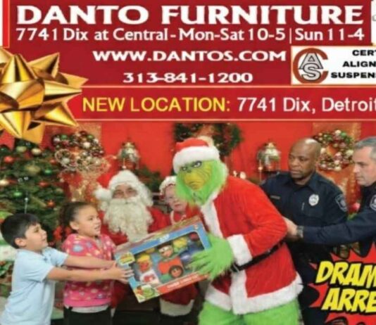 Merry Christmas w Santa at Danto Furniture Kids pose with Santa at the Merry Christmas w Santa Detroit event as the Grinch is playfully stopped by officers in a festive holiday scene
