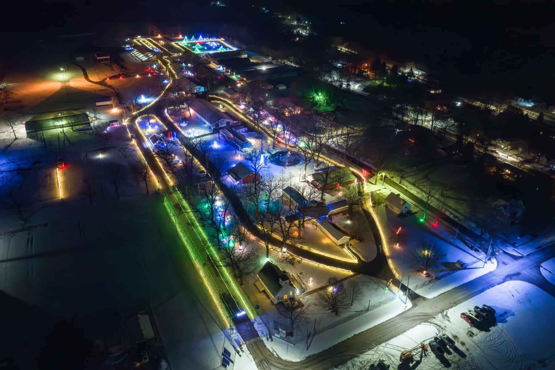 An aerial view of Merry Mile at Calhoun County Fairgrounds in Marshall, one of Michigan’s top drive-through Christmas lights beyond Detroit.