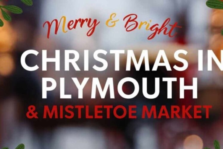 A festive Christmas in Plymouth and Mistletoe Market graphic promotes Mistletoe Market at The Gathering Building with holiday colors and greenery