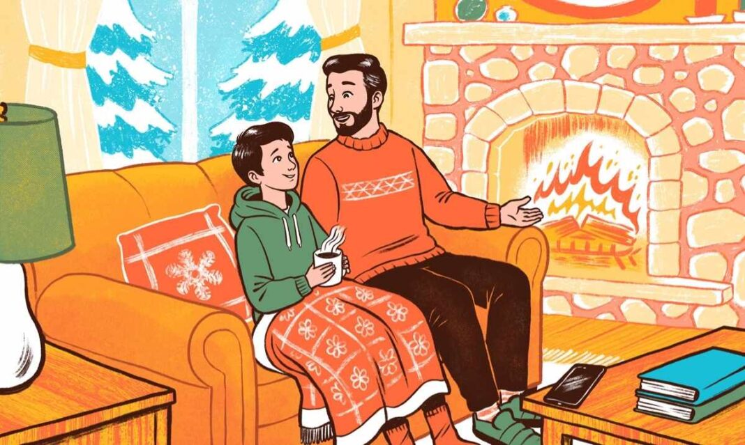 A parent and child sit together on a couch by a fireplace, sharing a warm drink and talking in a calm, cozy home setting.