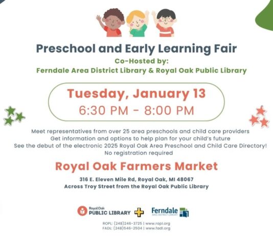 Flyer for the Preschool and early learning fair Royal Oak featuring event date time location and details for families and caregivers.