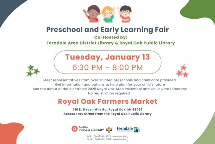 Flyer for the Preschool and early learning fair Royal Oak featuring event date time location and details for families and caregivers.