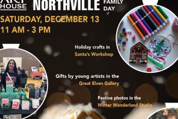 Promotional graphic for There’s Snow Place Like Northville Family Day at Northville Art House featuring crafts young artist gifts and festive photo stations
